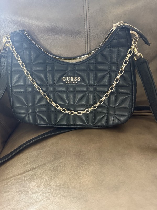 GUESS Black Crescent Crossbody Bag Quilted Chain Strap Gold Hardware Zip Small gallery