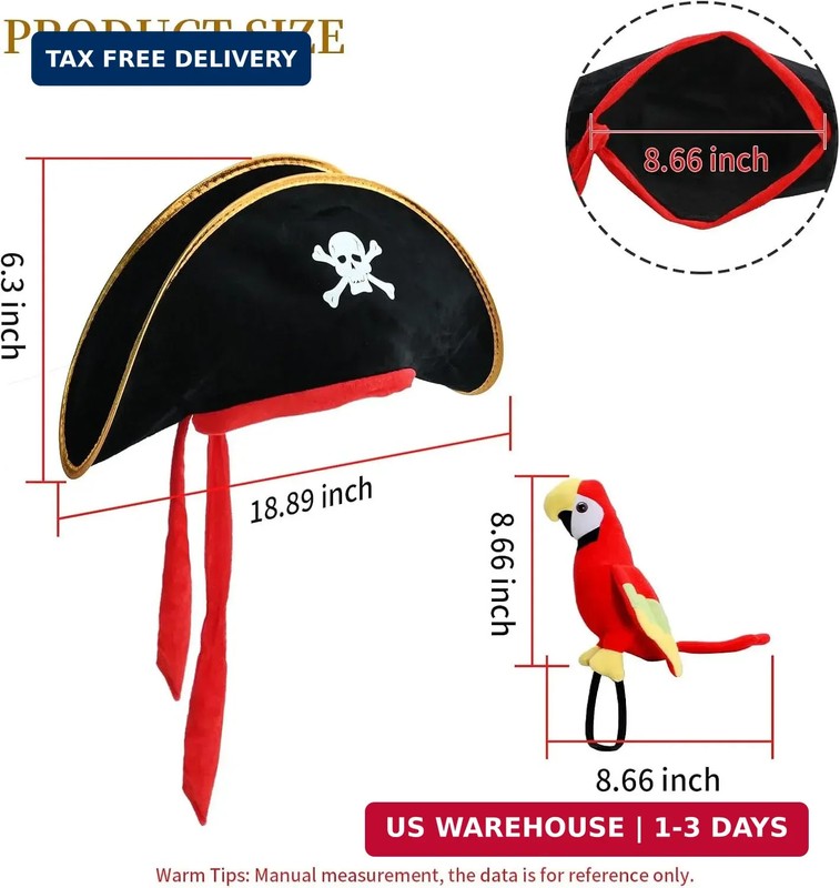 2PCS Pirate Hat + Parrot Decoration Cosplay Props Pirate Skull Print Party Hat A gallery