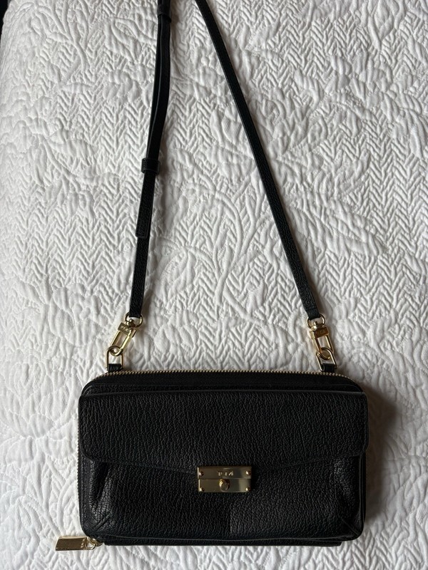 TUMI Black Pebbled Zip-Around Crossbody Wallet Bag Gold Hardware, Card Slots
