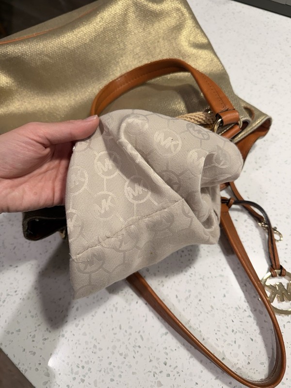 MICHAEL KORS . Marina Metallic Gold Canvas Drawstring Handbag Purse Tote gallery