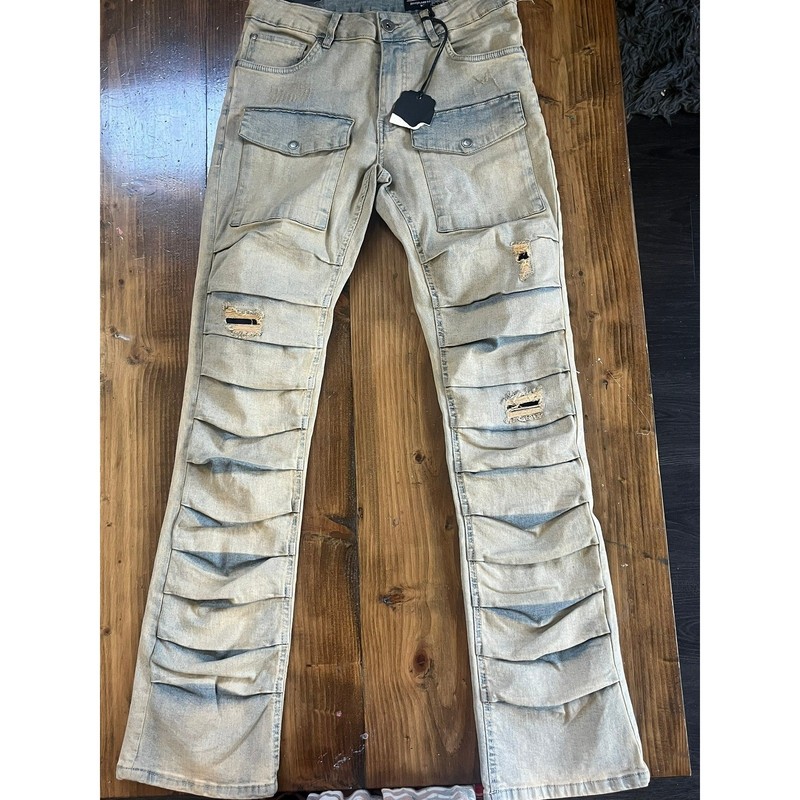 M.Society Dax Flare Fit Mud Tint Distressed Stacked Pleated Jeans 30×34 MS-80434