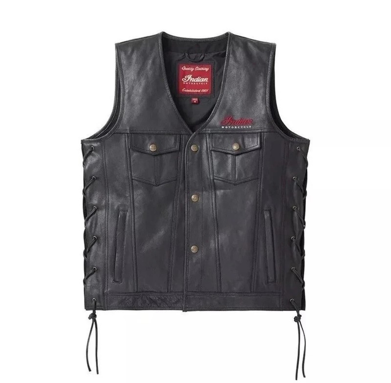 Mens Indian Motorcycle Real Leather Vest Side Laces Biker Club Waistcoat Black gallery