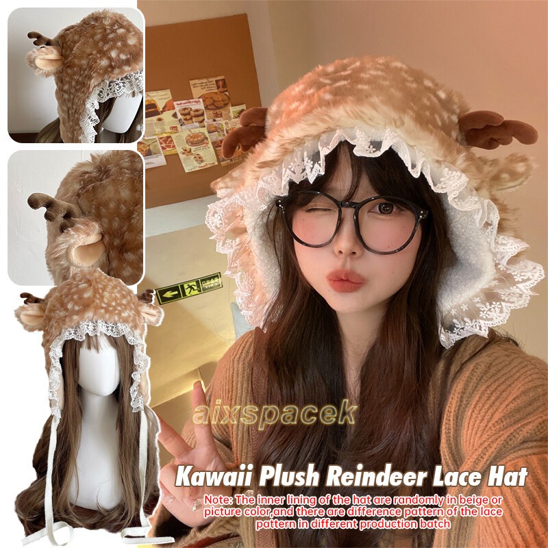 Kawaii Lolita Reindeer Deer Faux Fur Warm Plush Hat Furry Boots Socks Christmas gallery