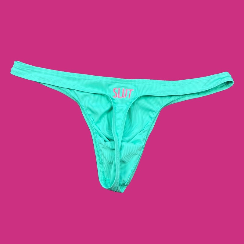 SLUT custom embroidery mens mint Green ribbed swim thong underwear swimwear