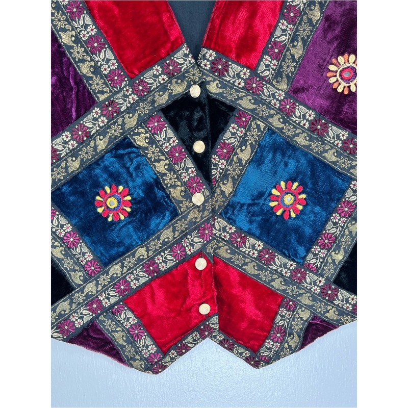 Vintage 1990s Velvet Patchwork Vest Embroidered Button-Up Medium Jewel Tones gallery