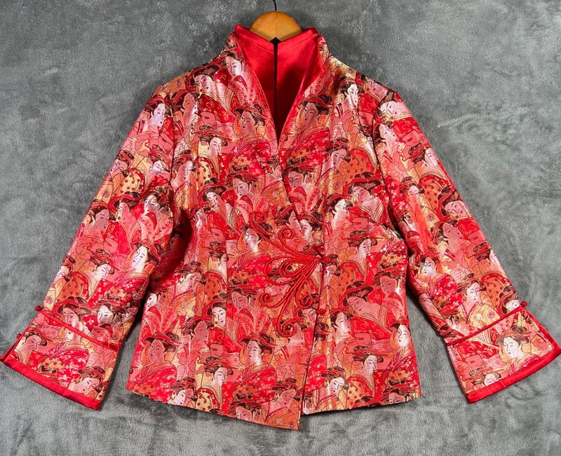 Vintage Brocade Mandarin Collar Jacket Womens Medium Red Silk Blend Frog Closure
