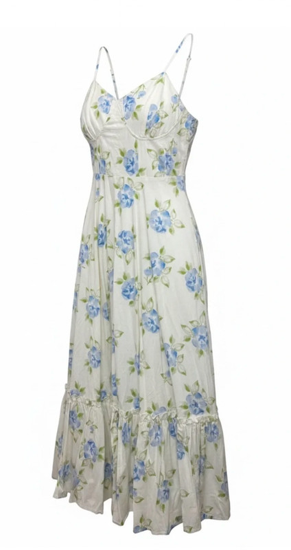 NEW MABLE Floral Corset Lace Up Midi Dress Size S White Blue Cottagecore Boho