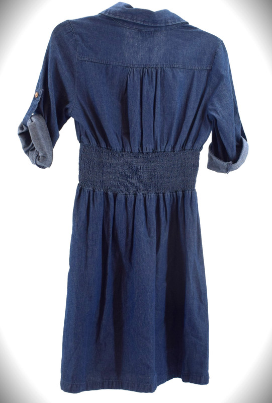J Gee NWT Petite Small Chambray Shirt Dress Zip Front Smocked Waist Blue gallery