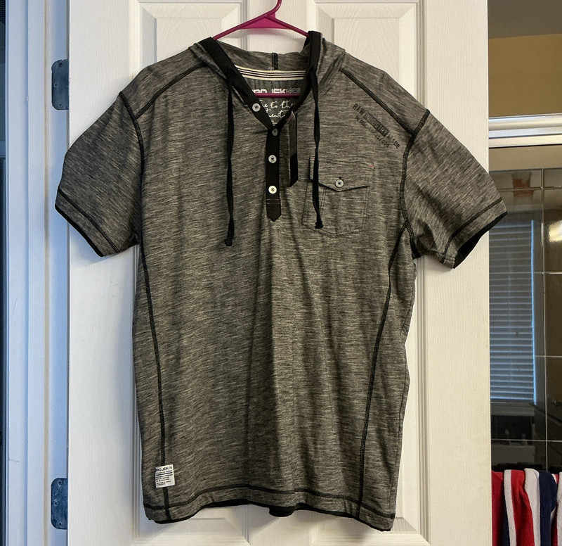 Projek Raw Men’s Heathered Gray/Black Hooded Henley Tee Chest Pocket L