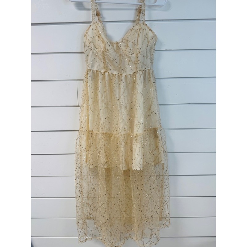 Forever 21 Cream Gold Sequin Mesh Midi Dress Small Sweetheart Tiered Ruffle Boho