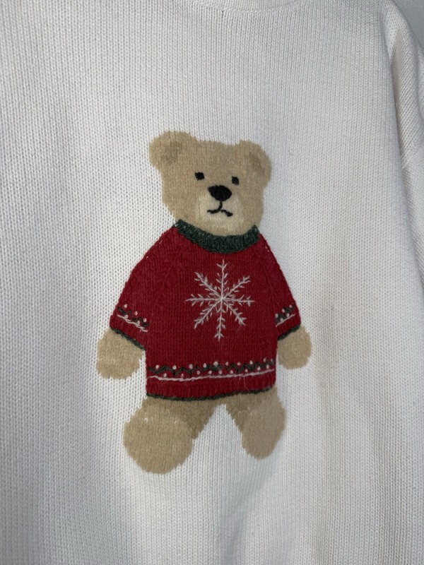 Vtg Liz Sport Claiborne Sz XL Teddy Bear White Sweater Mock Neck Classic Holiday gallery