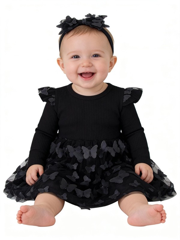 3-24M Infant Long Sleeve Bodysuit Dress Baby Romper Tutu Dresses Knit Tulle S…