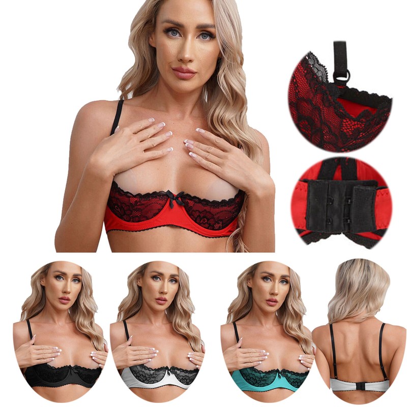 US Women’s Sheer Lace Underwire 1/4 Cups Bra Push Up Shelf Balconette Bras Sexy