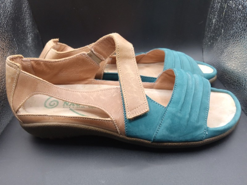 NAOT Papaki Teal Brown Open Toe Leather Sandals Hook & Loop Size 8 USA 39 EU gallery