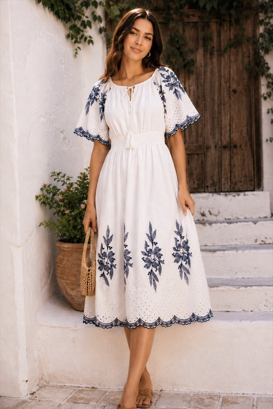 Cotton Embroidered Dress Size M L | White & Navy Floral | Coastal Boho Chic