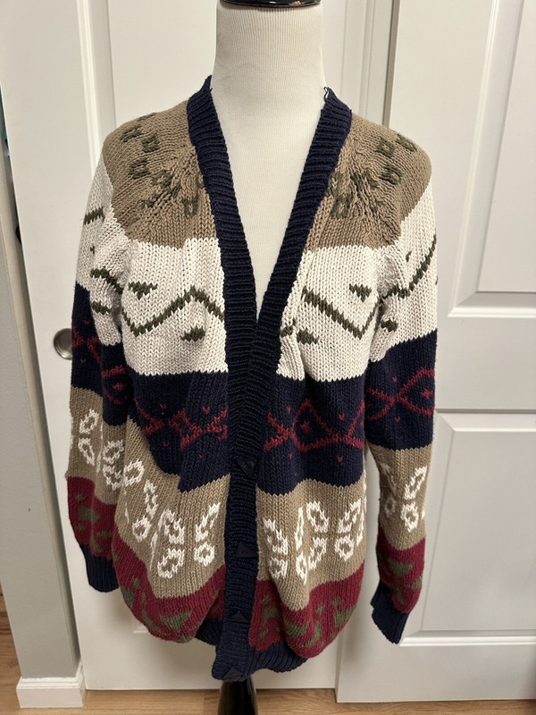 Vtg Patterned Blue Beige Red Green Cardigan Sweater 80’s Colorful Sz L Unisex