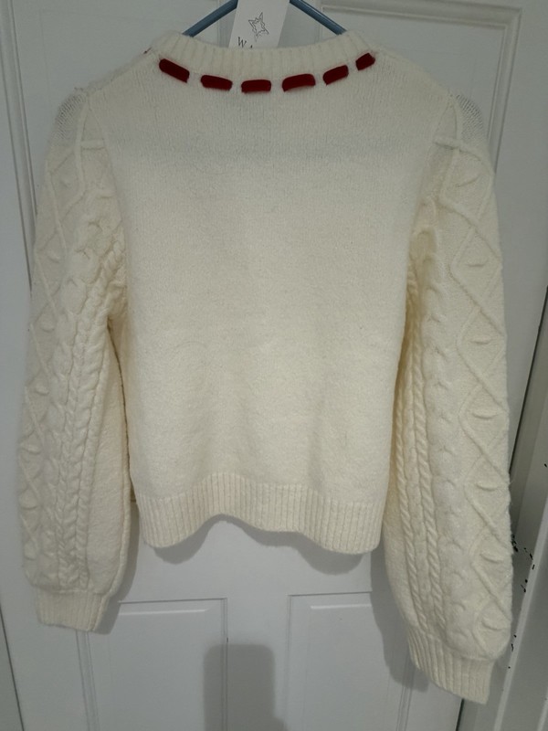WAYF Ivory Cable-Knit Button-Front Cardigan Sweater Red Ribbon Bow Size S gallery