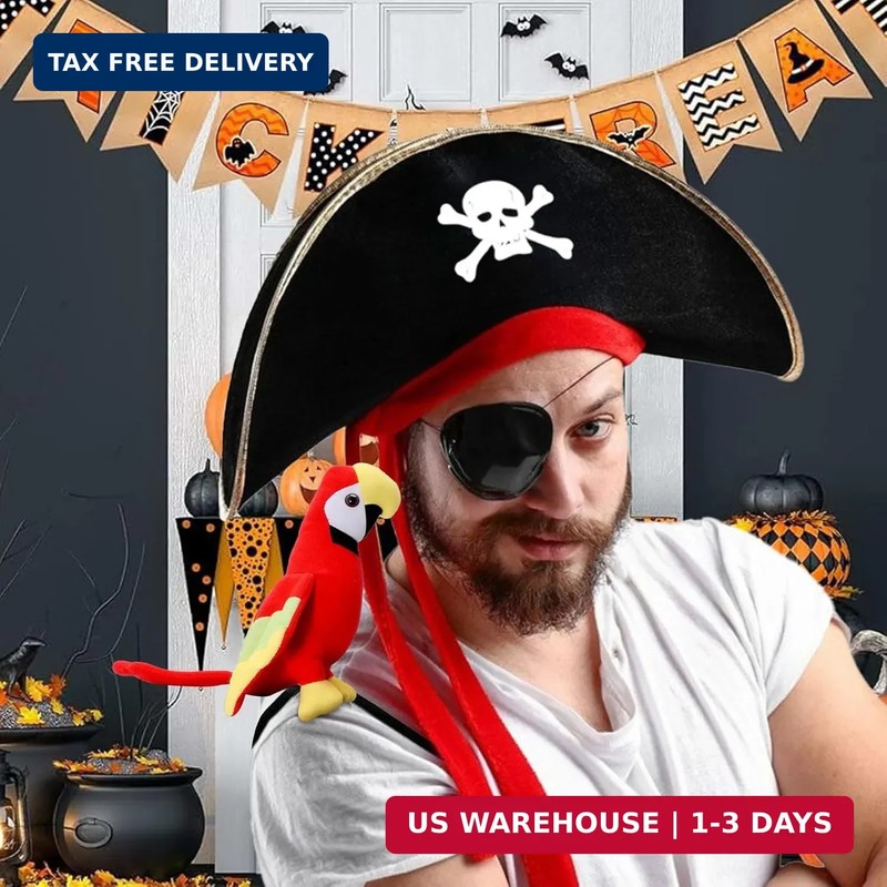 2PCS Pirate Hat + Parrot Decoration Cosplay Props Pirate Skull Print Party Hat A gallery