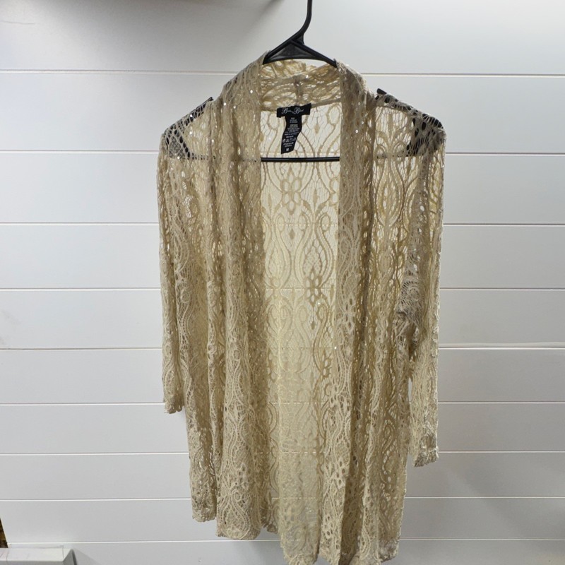 Brittany Black Sheer Lace Open Front Kimono Top 3/4 Sleeve Beige M