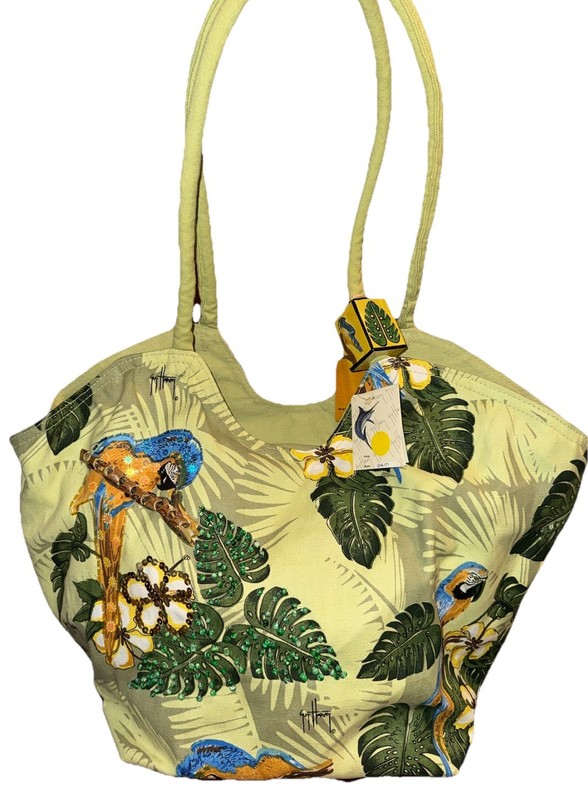 Guy Harvey Parrot Print Canvas Beach Large Tote Bag Beaded Handle Tropical