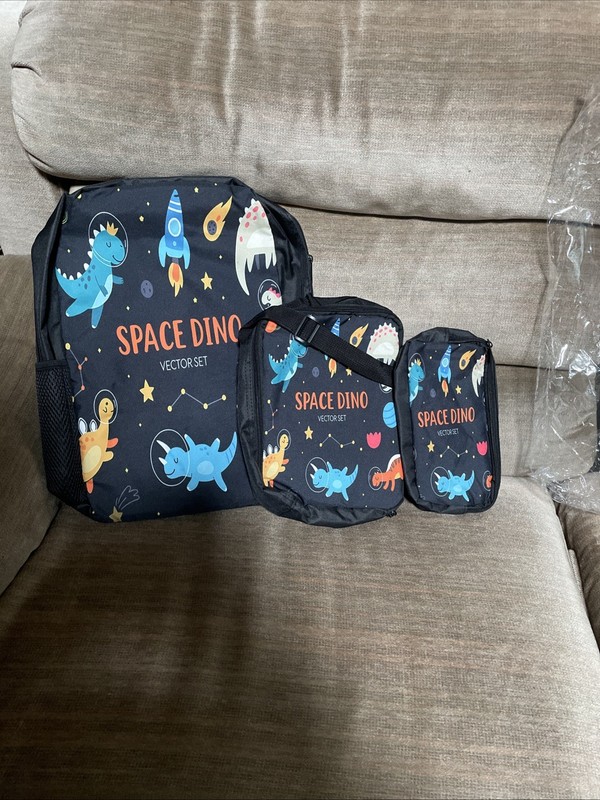 Space Dino Vector Set Backpack With Lunchbox And Pencil Holder