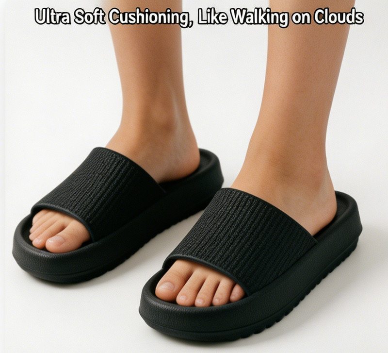 Black Textured Cloud Slides EU 40 USW8.5/M7 Non-Slip Thick Sole House Slippers gallery