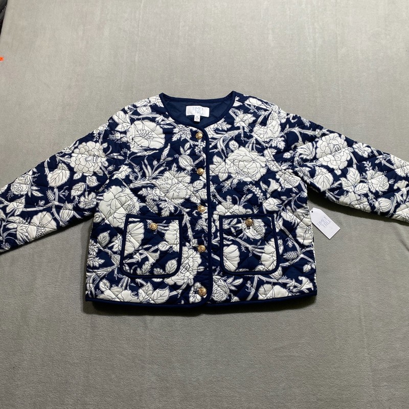NEW Navy Floral Quilted Cotton Jacket Nautical Crest Goldtone buttons w/ pockets gallery