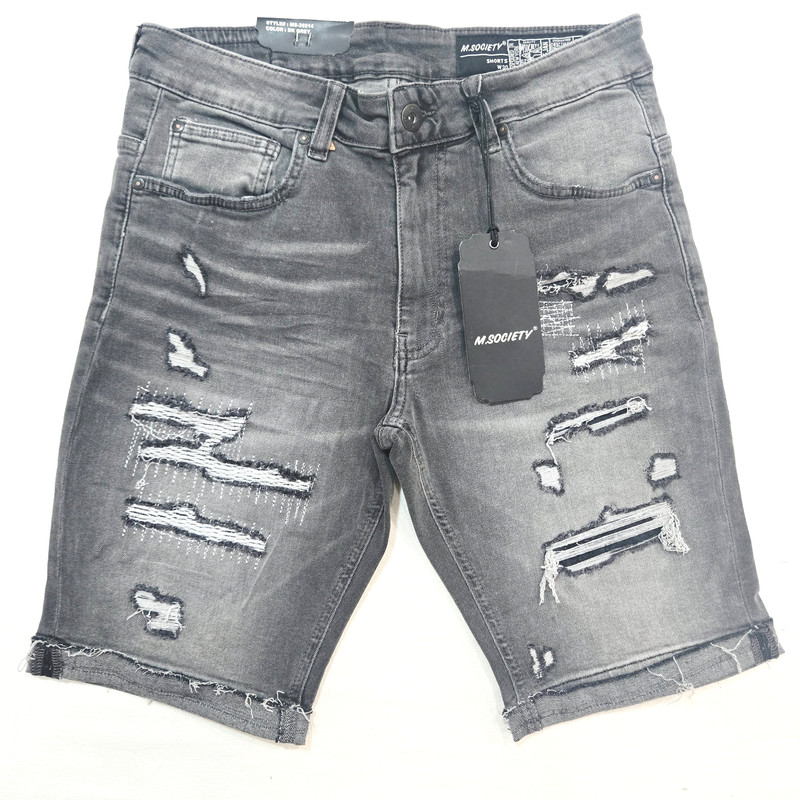M Society Men’s DK Grey Shorts Ripped Distressed Slim Denim MS-26514