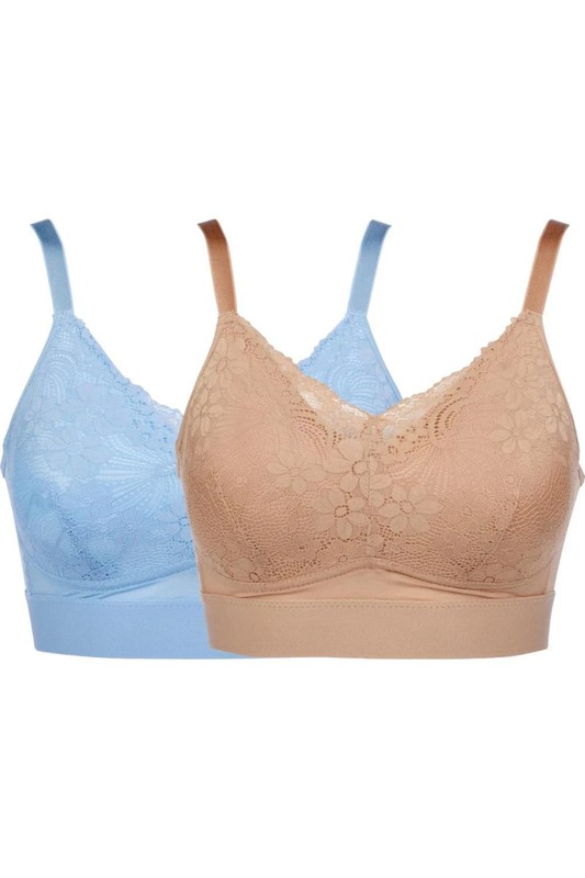 Rhonda Shear 2-pack Molded Cup Bra w/ Lace Overlay Dusk Sky/Beige Extra Large