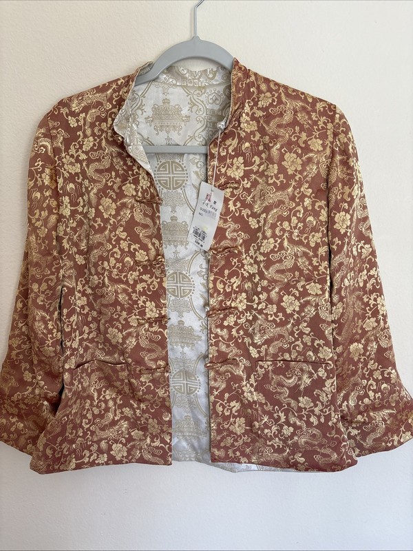 Fok Fang Brocade Jacket Chinese Oriental Dragons Size S Beautiful! Reversible!