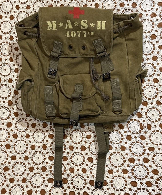 MASH 4077th Movie Themed Backpack Rucksack Military Style Green Grunge Travel