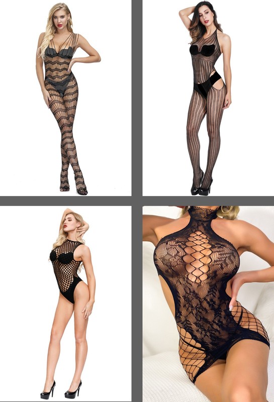 4-Pack Fishnet Bodystocking Lingerie Sensual Lace Mesh Bodysuit Bodycon Elastic
