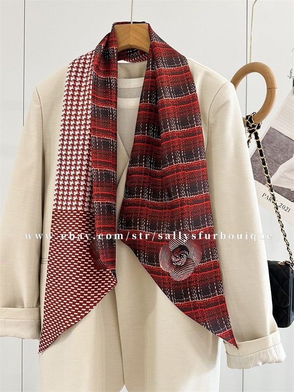 Boutique 16 Momme Twill Silk Large Ribbon Camellia Print Neck Long Scarf