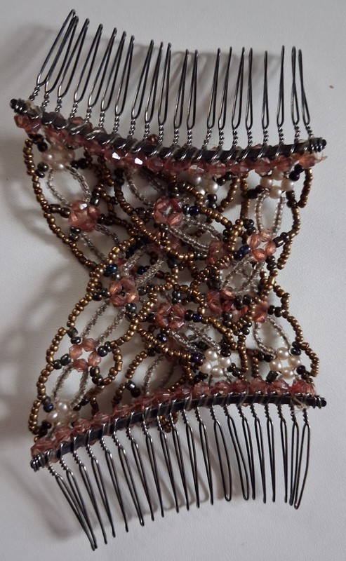 Beaded Faux Pearl Flower Metal Hair Comb Bronze, vintage gallery