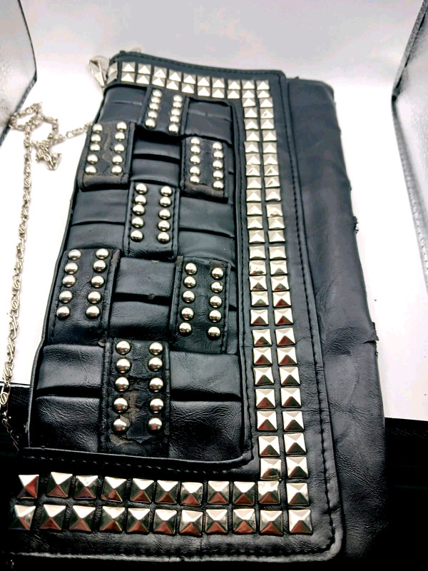 Gothic Metal Square + Round Studded Black Crossbody Purse + Chain Faux Leather