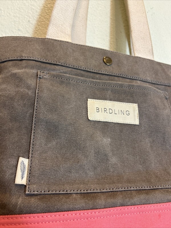 BIRDLING Medium Canvas Tote Bag Gray Pink Shoulder Interior Pouch 14x11x7 gallery