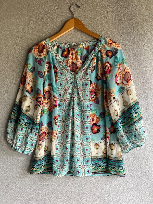 Figueroa & Flower Top Womens PL Floral Boho Peasant Cottagecore Fairycore Flowy
