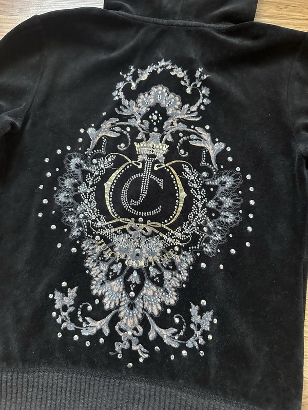 JUICY COUTURE Vintage Y2K Black Velour Hoodie Rhinestone Crest Zipper Womens S gallery