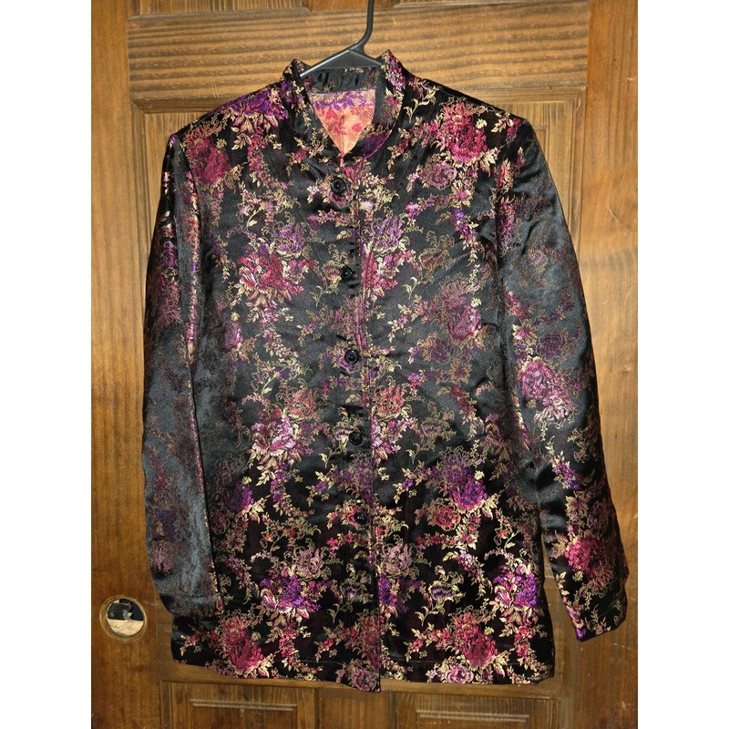 Womens Floral Brocade Mandarin Collar Jacket Black Purple Gold Evening Blazer gallery