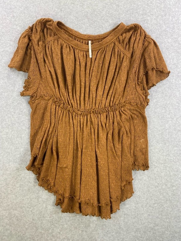Free People Brown Knit Peasant Top with Smocked Waist and Ruffled Hem