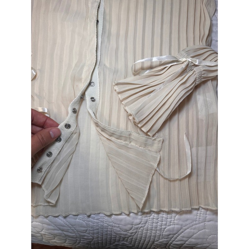 Shein Pleated Blouse Womens Medium Cream Sheer Ribbon Flared Cuff Snap Top gallery