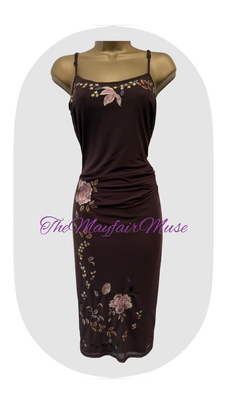 Karen Millen UK12/14 EU40/42 US8 Vintage Ruched Brown Chiffon Mesh Floral Dress