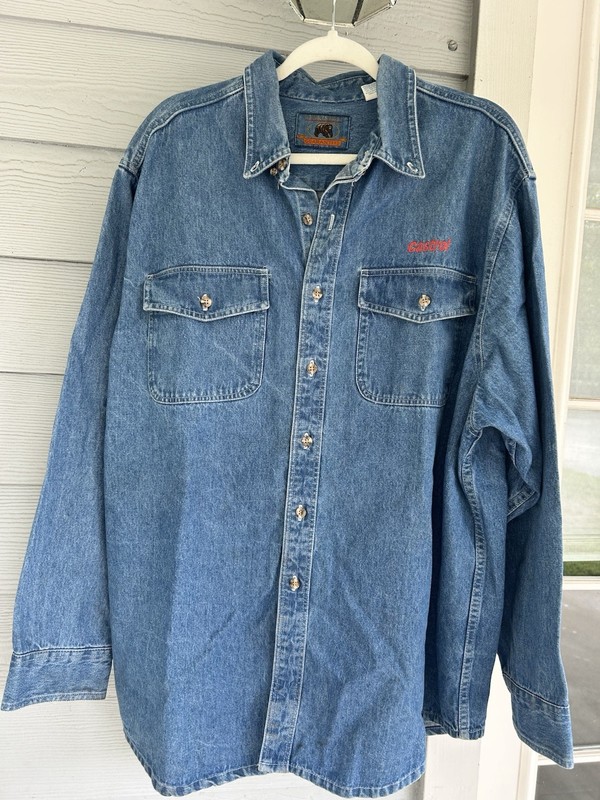 Vintage Men’s XL Denim Button Down Shirt Castrol Logo Made USA Cotton Work Shirt