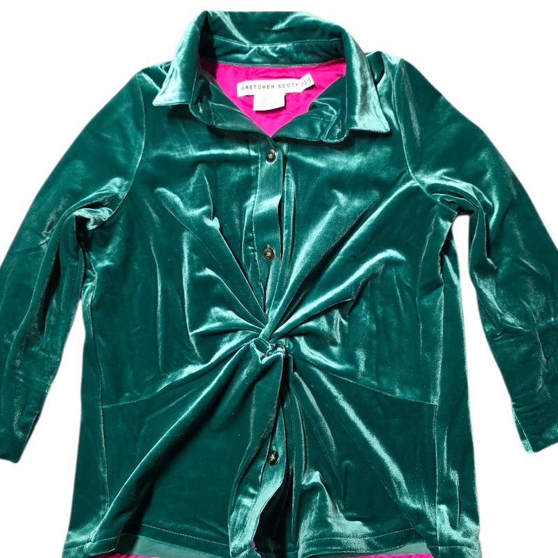Gretchen Scott Twist & Shout Top Emerald Green Velvet Gold Button Pink Lining S