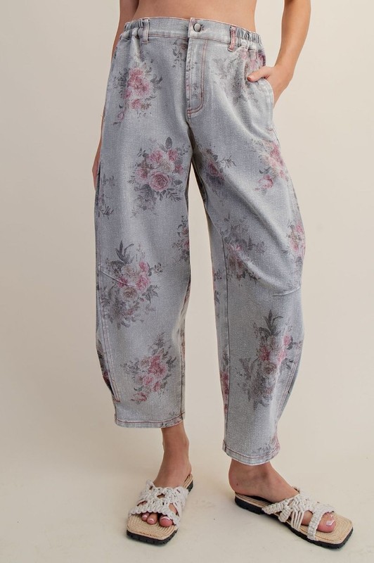 Easel Women’s Floral Roses Mineral Washed Barrel-Leg Denim Pants in Grey