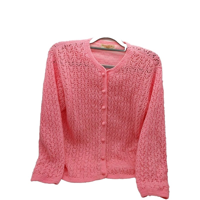 The Halle Bros Co Pink Knit Crochet Cardigan Medium / Large Lined Japan READ