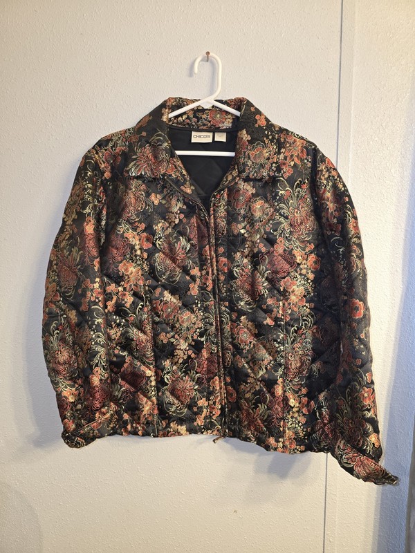 Chico’s Size 3 Quilted Floral Brocade Jacket XL Black Red Gold Metallic Zip Up