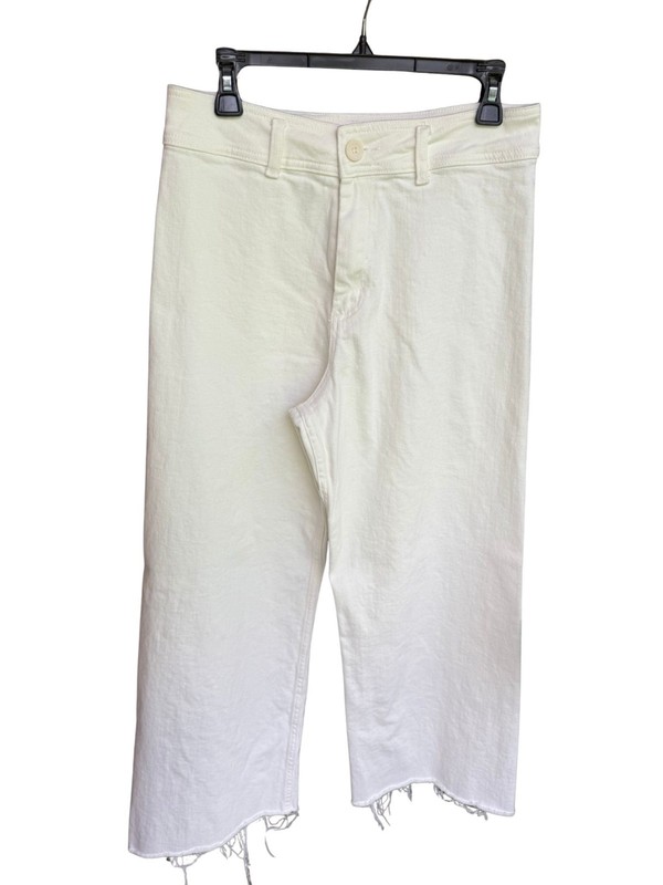 Miou Muse White Wide Leg Crop Jeans Raw Hem High Rise Stretch Denim Size L gallery