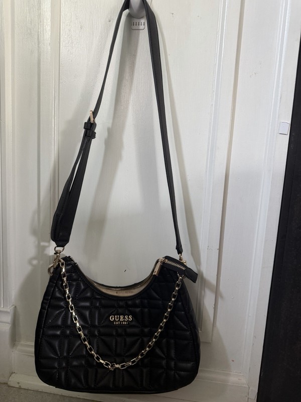 GUESS Black Crescent Crossbody Bag Quilted Chain Strap Gold Hardware Zip Small gallery