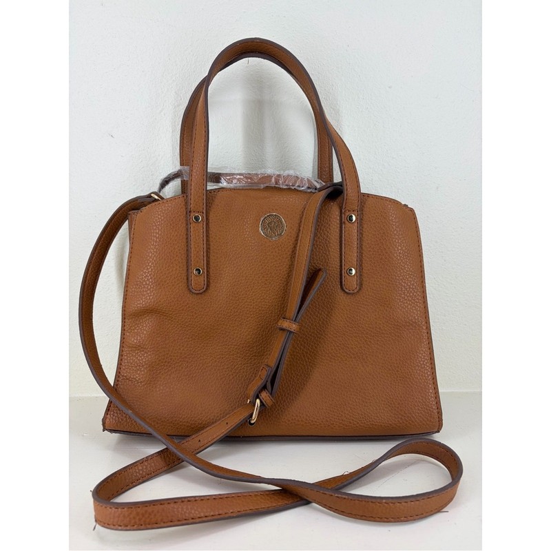 Anne Klein Cognac Leather Satchel with Crossbody Strap